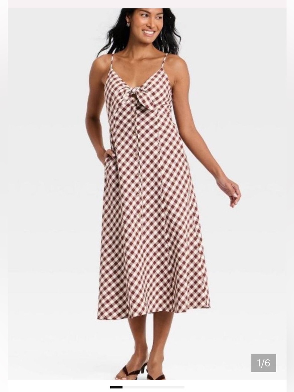 a new day Brown and Cream Gingham Spaghetti-Strap Midi Dress